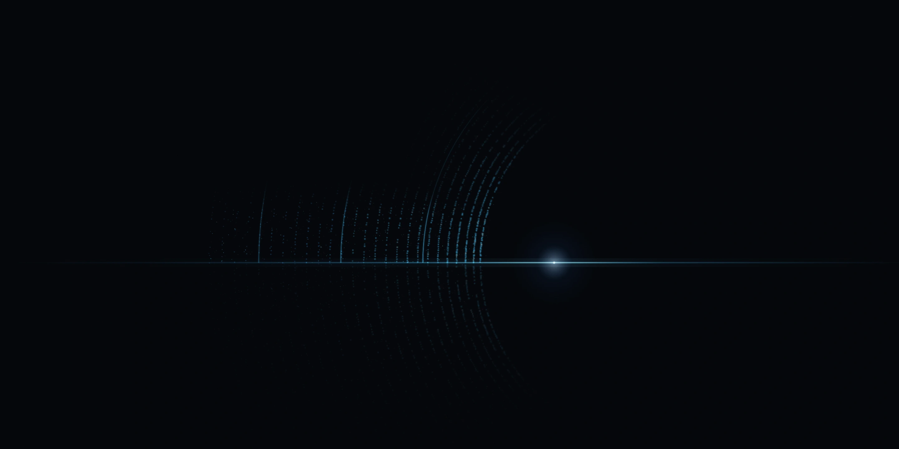 A cyan horizon line with dotted arcs of light rising from it into the dark